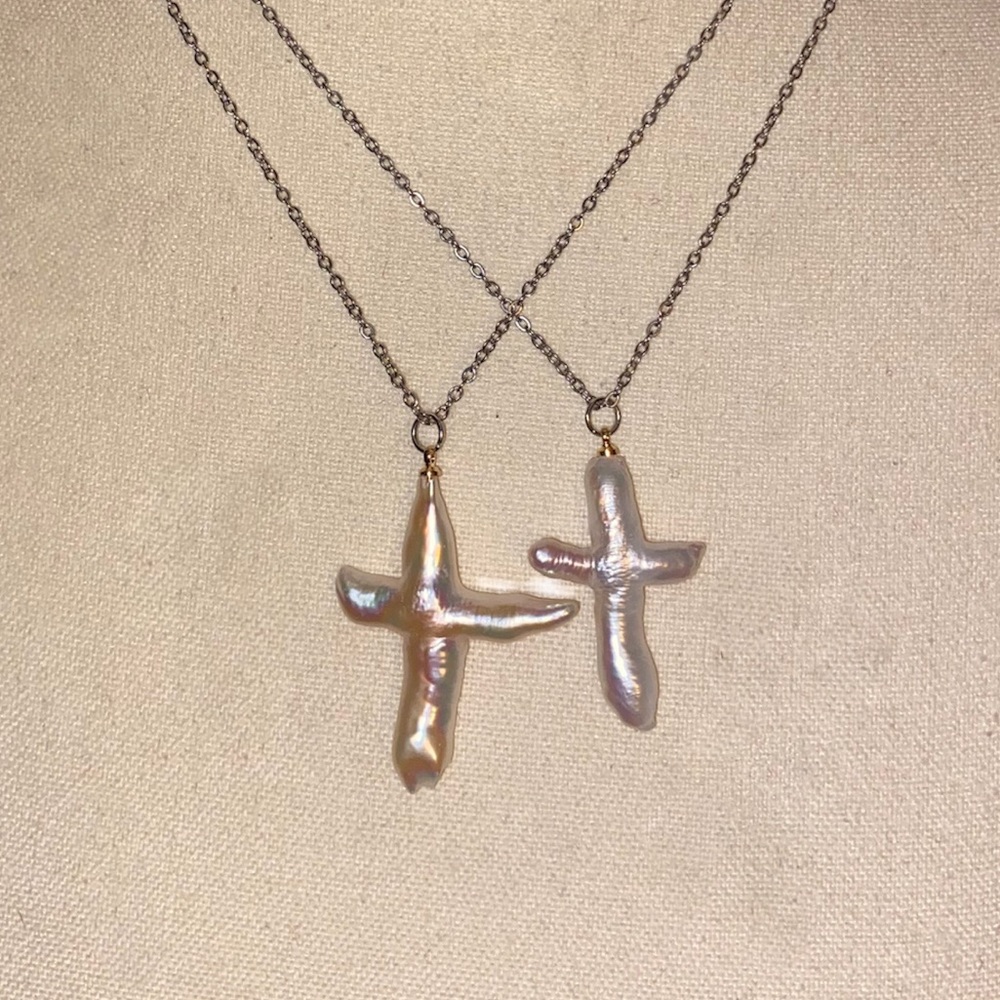 Stainless Steel Baroque Freshwater Pearl Cross Necklace